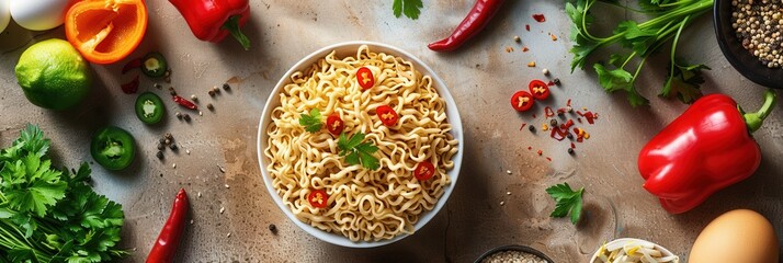 Aufkleber - A bowl of noodles with fresh herbs and vegetables on a kitchen table. Generative AI