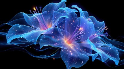 Poster -  A blue flower against a black backdrop, featuring blue swirls and stars within its petals and centered within the flower