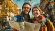 © danielkosh - Young tourist couple smiling and holding a map in a city during fall