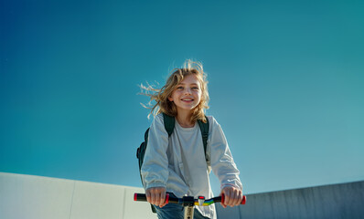 Cheerful school girl with a backpack riding a scooter in font of a blue sky background. 