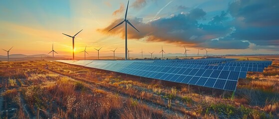 wind turbines and solar panels in a field, renewable energy