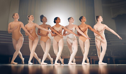 Poster - Stage, ballet and group in practice for performance, diversity and training rehearsal. People, elegance and movement in auditorium for skill development, choreography and preparation for competition