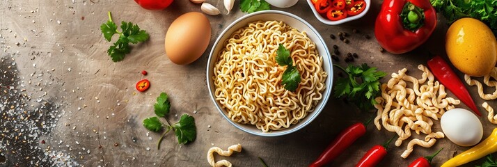 Poster - A bowl of noodles sits on a kitchen table surrounded by fresh ingredients including herbs, peppers, eggs, and vegetables. Generative AI