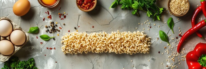 Poster - Raw instant noodles laid out on a grey kitchen table, surrounded by fresh herbs, peppers, eggs, and spices. Generative AI