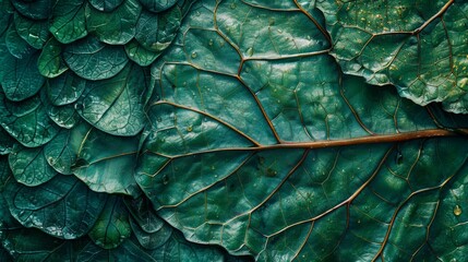 Fresh green leaves displaying detailed texture from above in natural light