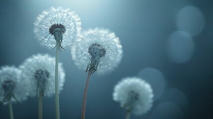 Wall Mural -   A blue background with blurred dandelions blowing in the wind