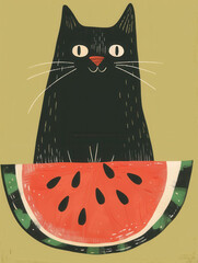 Illustration of a Black Cat with a Watermelon Slice