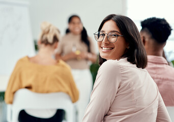 Aufkleber - Portrait, woman and happy in office for seminar, team building or growth for project. Smile, confidence and designer or people in creative agency for development, small business and support for group