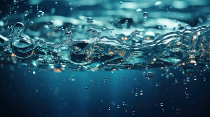 Wall Mural - Water surface with air bubbles. Water texture. Water Drops. Water splash with bubbles on blue background. Copy space for text. Water wave and air bubbles in blue water background. Copy space.