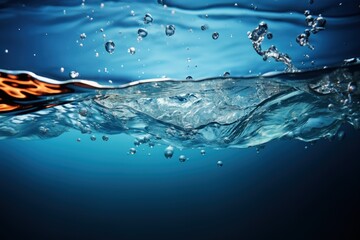 Water surface with air bubbles. Water texture. Water Drops. Water splash with bubbles on blue background. Copy space for text. Water wave and air bubbles in blue water background. Copy space.