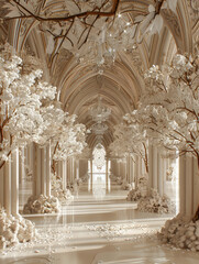 Poster - dreamy white and gold luxury hallway corridor of the  expensive 5 stars hotel  wedding reception  white castle with white floral decoration.