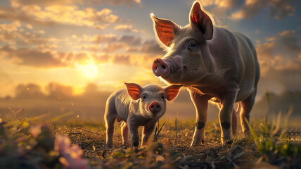 A cute baby pig standing next to the mother in in pasture during sunset with a beautiful skyscape; a spring background with copy space and sun rays 