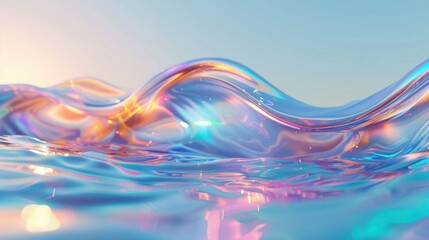 Poster - 3d render abstract background in nature landscape. Transparent glossy glass ribbon on water.