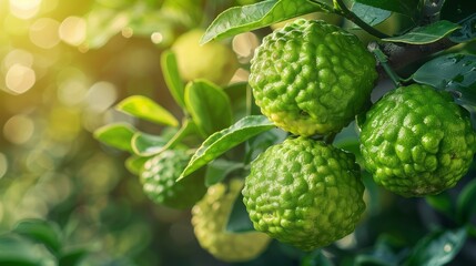 Fresh bergamot fruit hanging on tree branch in sunlit orchard