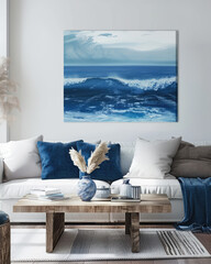 Wall Mural - living room in expensive condo development with blue and ocean wave  color theme sofa and wall paper and ocean waves painting  art work on the wall 