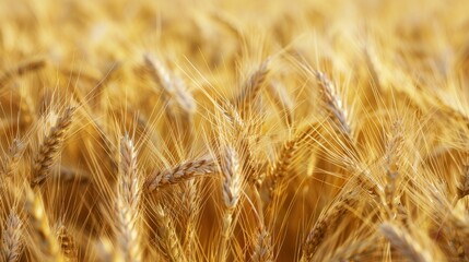 Golden wheat field blowing in summer breeze under clear blue sky