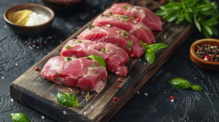 Uncooked pork tenderloin fillet prepared for meal on rustic wooden board