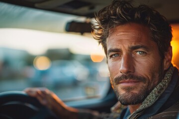 A man with a beard and glasses is driving a car