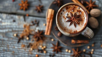 Poster - Close up view of a coffee cup with spices on wooden background