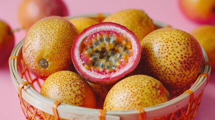 Wall Mural - Fresh passion fruit in a basket on a pastel colored background