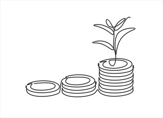 Wall Mural - Coins stack with leaves branch continuous one line drawing. Business investing concept. Vector illustration isolated on white.