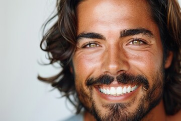 Wall Mural - a closeup photo portrait of a handsome indian man smiling with clean teeth. used for a dental ad. guy with fresh stylish hair and beard with strong jawline. isolated on white background. Generative AI