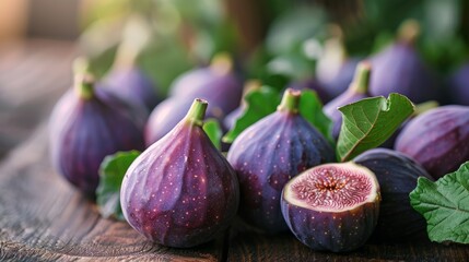 Wall Mural - Fresh figs displayed on a wooden tabletop with green leaves in natural light