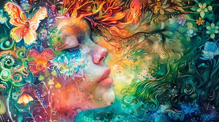 Wall Mural - woman face series. abstract composition of female face portrait in colorful colors on subject of imagination, creativity and art.