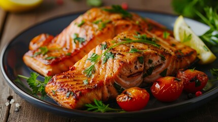 Wall Mural - Grilled salmon fillets with rainbow vegetables on a rustic wooden table