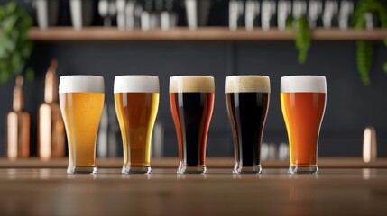 A cozy bar setting with six craft beer glasses, each representing different beer styles, from light lager to dark porter, ideal for pub advertising