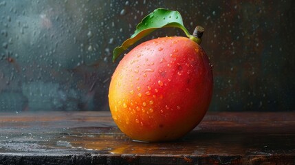 Wall Mural - Mature mango with dew on wooden surface by rainy window