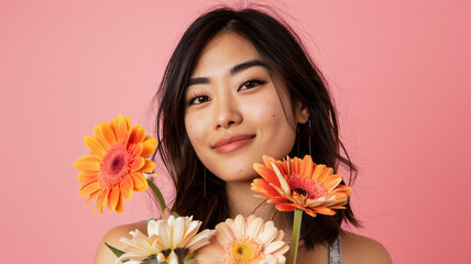 A portrait of a young adult and Asian woman holding flowers; Gerbera daisy, while smiling at the camera with an isolated pink background with copy space 