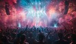 © Rising Monk - a huge crowd of people dancing on stage at a music concert with epic lights and fireworks on the arena stadium. alien galaxy performance. desktop wallpaper background, 16:9, 4k. Generative AI