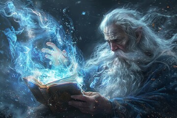 a drawing illustration of a old ice magic wizard man with long grey hair and white beard holding a magical book and using freeze sphere spells. background wallpaper. Generative AI