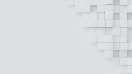 Aufkleber - White cubes with random size on white backdrop. A place for text on the left. Abstract 3d render illustration geometrical concept background.