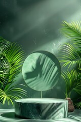 Poster - Green podium with circle and palm leaves in natural sunlight creating serene and fresh atmosphere