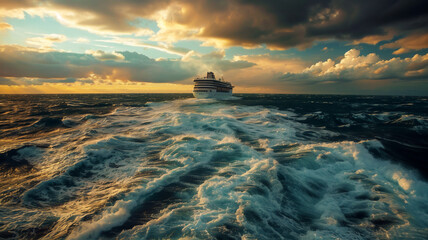 A modern cruise ship on a wild and stormy and blue ocean; seen from just above the ocean at sunset of paradise 