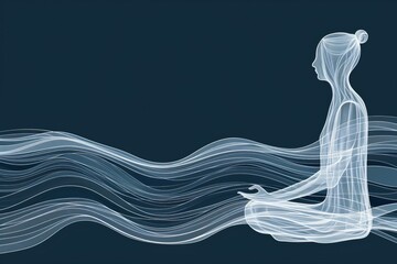 Sticker - Abstract digital illustration of a meditative figure with flowing lines on a dark blue background