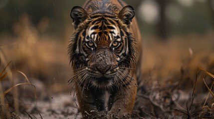  Sumatran tiger covered in mud strolling through the wetland at dusk
