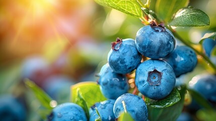 Wall Mural - Close up of ripe blueberries on branches in warm evening light