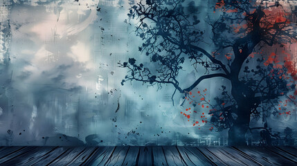 Wall Mural - Watercolor tree background with dark wood texture for design banner and copy space