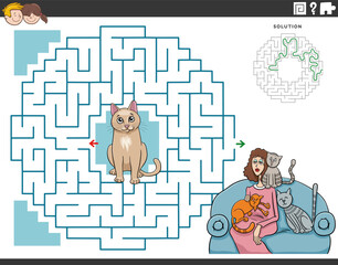 Wall Mural - maze activity with cartoon woman and cats