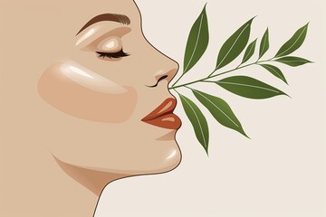 Sticker - Minimalistic line art of a womans profile with leaves