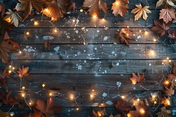 Poster - A rustic wooden table decorated with autumn leaves and string lights, perfect for a cozy dinner or outdoor setting