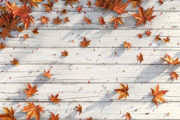 Poster - Autumn leaves cover a wooden floor, perfect for fall decorations or nature-inspired scenes