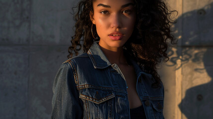 Wall Mural -  Dark colored biodegradable denim jacket worn by a Latin woman, mockup image 