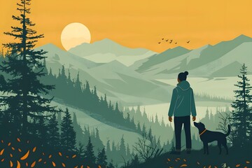 Wall Mural - Woman and Dog on a Mountain View