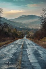 Leinwandbilder - A lonely road stretches towards a majestic mountain range in the distance