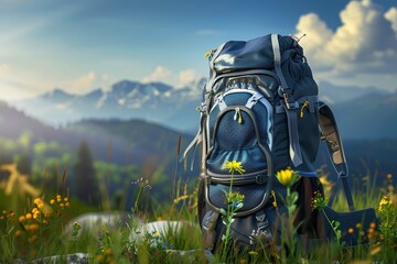 Wall Mural - Backpack Resting Among Wildflowers In A Lush Mountain Landscape During Daytime