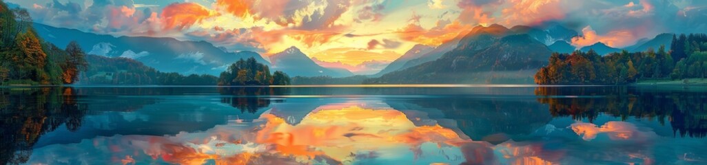 Canvas Print - Stunning Mountain Lake Sunset With Reflection and Clouds